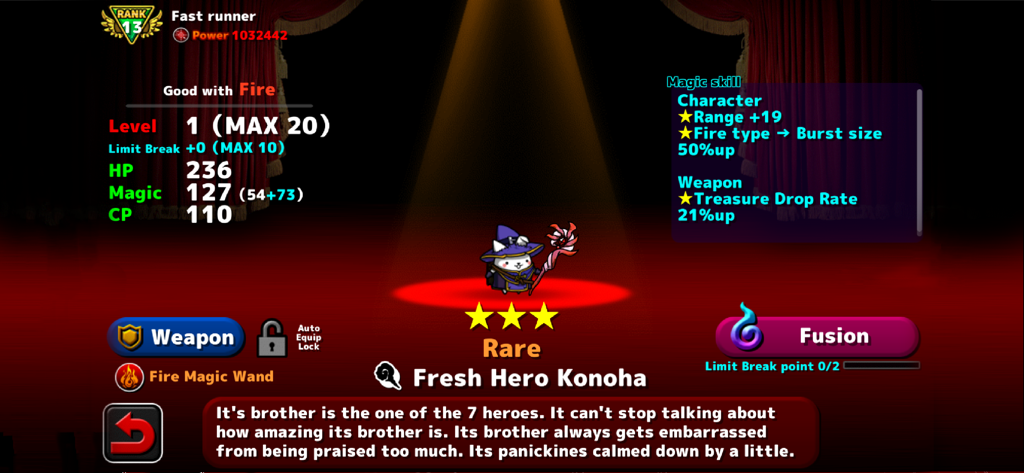 Écran de profil du personnage pour le nouveau héros Konoha, un rare chat sorcier dans Cats the Commander