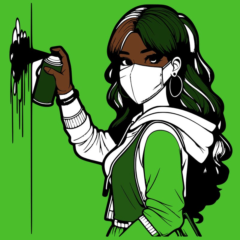 realistic girl with mask spray painting a wall