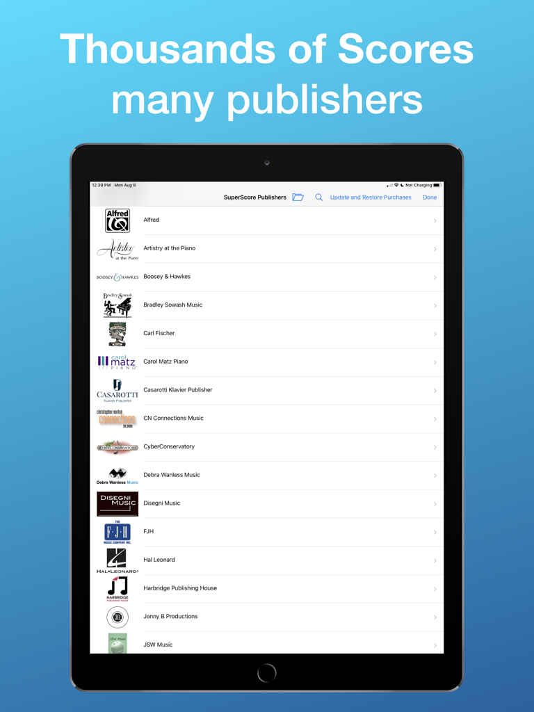 SuperScore Music - iPad screen displaying a list of sheet music publishers in the SuperScore Music app