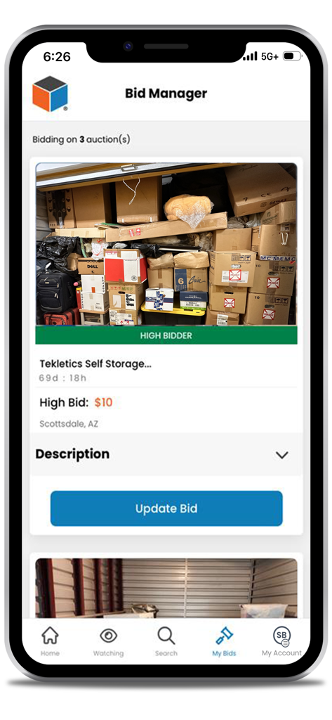 StorageTreasures app bid manager screen showing an active storage unit auction with high bidder status.