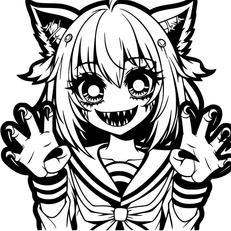 creepy anime girl with claws and lots of teeth