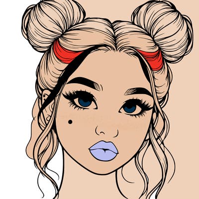 realistic girl with two buns on her hair and lips