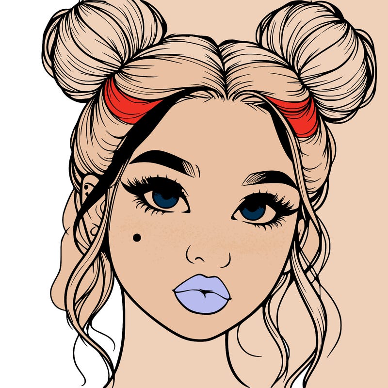 realistic girl with two buns on her hair and lips