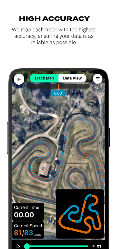 MyRaceLab: Lap & Race Timer - Interfaz de la aplicación MyRaceLab que muestra un mapeo de pista de alta precisión con una línea de carrera visual y datos de rendimiento