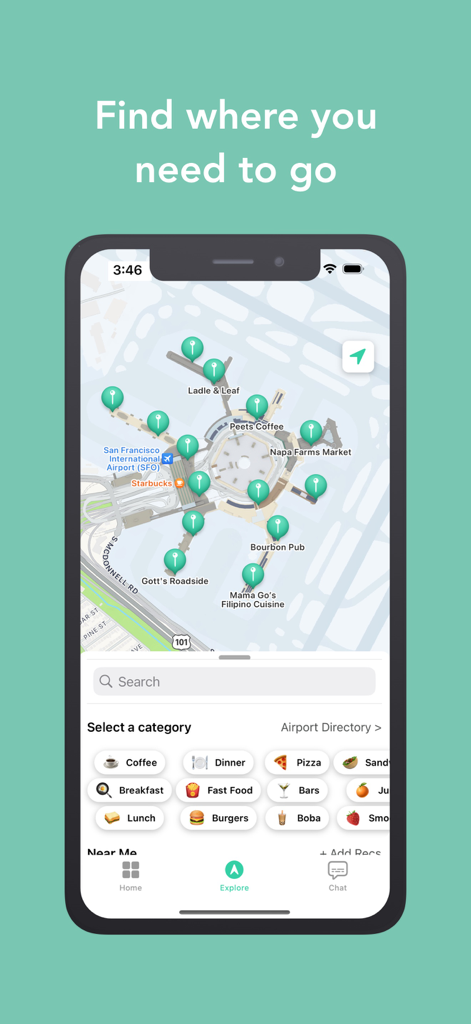 Interactive airport terminal map showing restaurants and coffee shops on the Trippie app.
