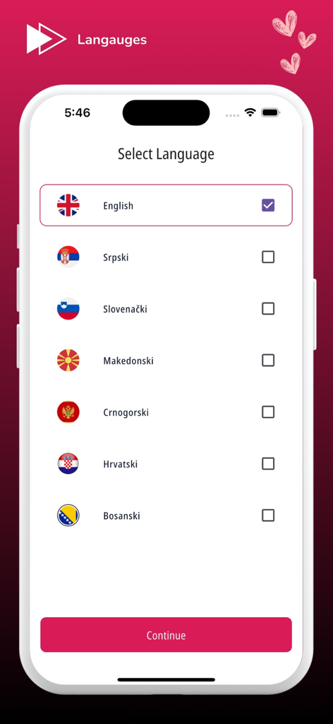 Language selection screen in the Upoznaj me Balkan app featuring various Balkan languages and English