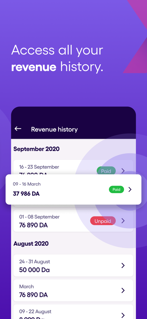 Écran de l'historique des revenus de l'application Yassir Driver affichant les gains mensuels et hebdomadaires avec le statut de paiement