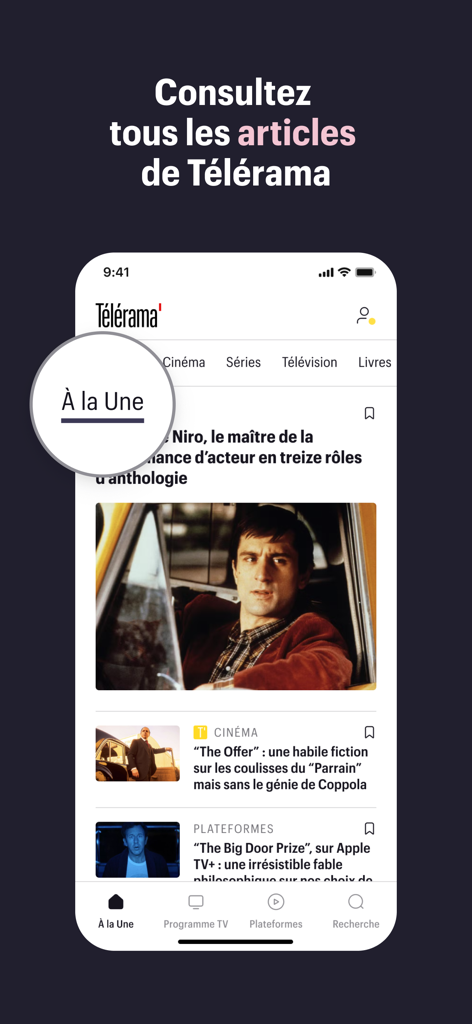 Télérama : culture, tv, cinéma - Telerama app homepage featuring articles on cinema and cultural news