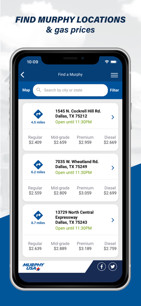 Murphy Drive Rewards - Murphy Drive Rewards app screen showing a list of nearby gas station locations with real-time fuel prices
