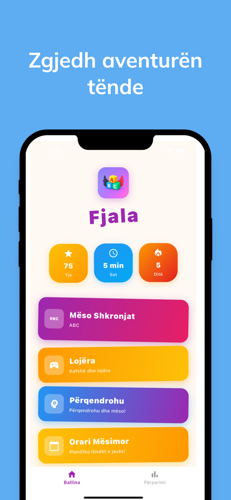Fjala - Mëso Duke Luajtur - Pantalla de inicio de la aplicación Fjala que muestra el menú principal para aprender letras albanesas y juegos educativos