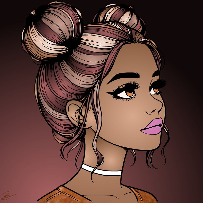 realistic girl with buns on the top of her head