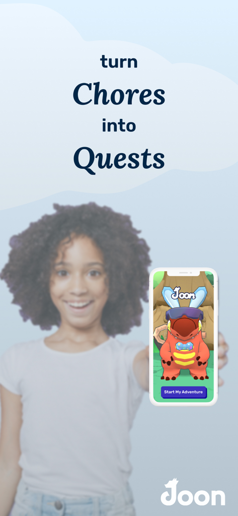 Joon: Kids ADHD Chore Tracker - A smiling young girl holding a phone displaying the Joon app interface with a virtual pet and the text Turn Chores into Quests.