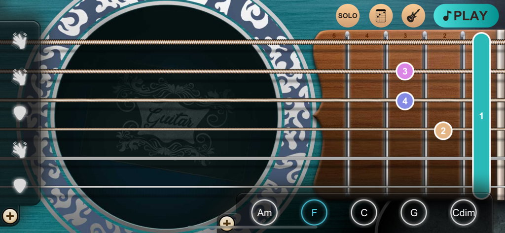Real Guitar - Tabs & Chords - A virtual guitar fretboard interface showing finger positions for practicing chords on a mobile screen