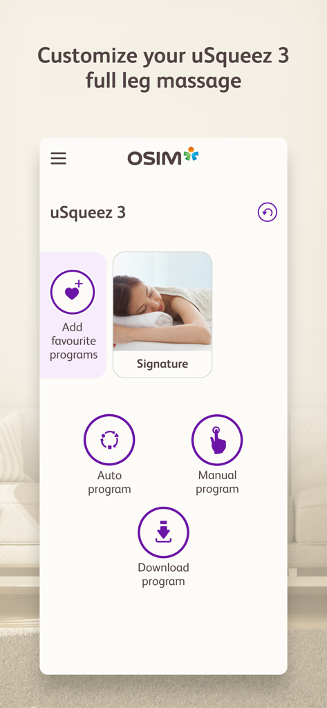 OSIM Relax and Relieve - OSIM Relax and Relieve app interface for customizing uSqueez 3 leg massage programs