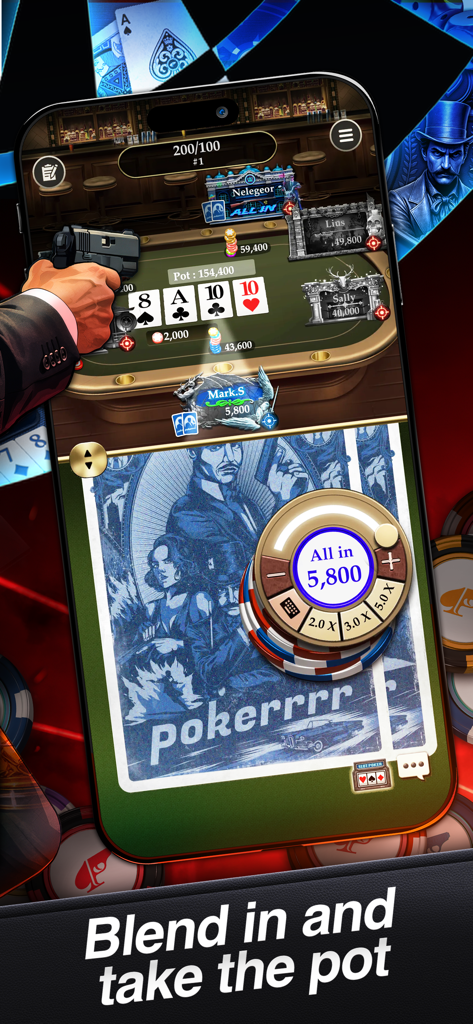 Tactical agent themed mobile poker gameplay showing players at a Texas Holdem table with an all-in bet option