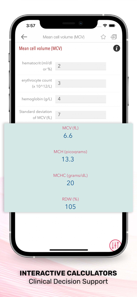 Williams Manual of Hematology - Interactive clinical calculator in the Williams Manual of Hematology app showing mean cell volume calculations for clinical decision support.