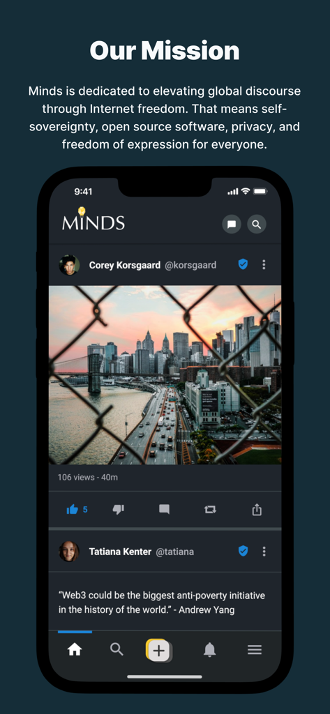 Minds.com - Minds app screenshot showing mission statement for internet freedom and a user social feed