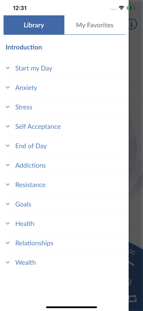 iRelease Relieve Stress Now - A list of emotional release categories in the iRelease app library including anxiety stress and goals