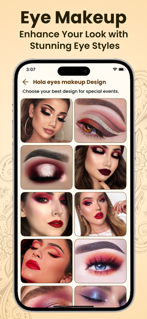 A gallery of stunning eye makeup designs and styles for special events within the app