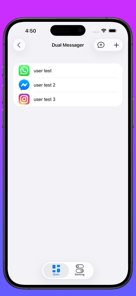 Oberfläche der Dual Messenger App, die eine Liste verbundener Social-Media-Konten anzeigt, einschließlich WhatsApp und Instagram