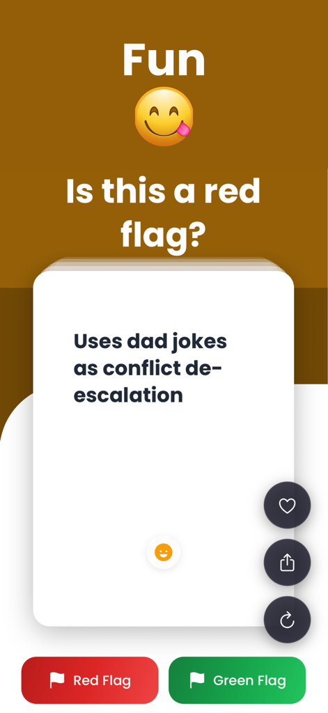 Red Flag: Couple Questions - A mobile game screen asking if using dad jokes for conflict de-escalation is a red flag with voting buttons.