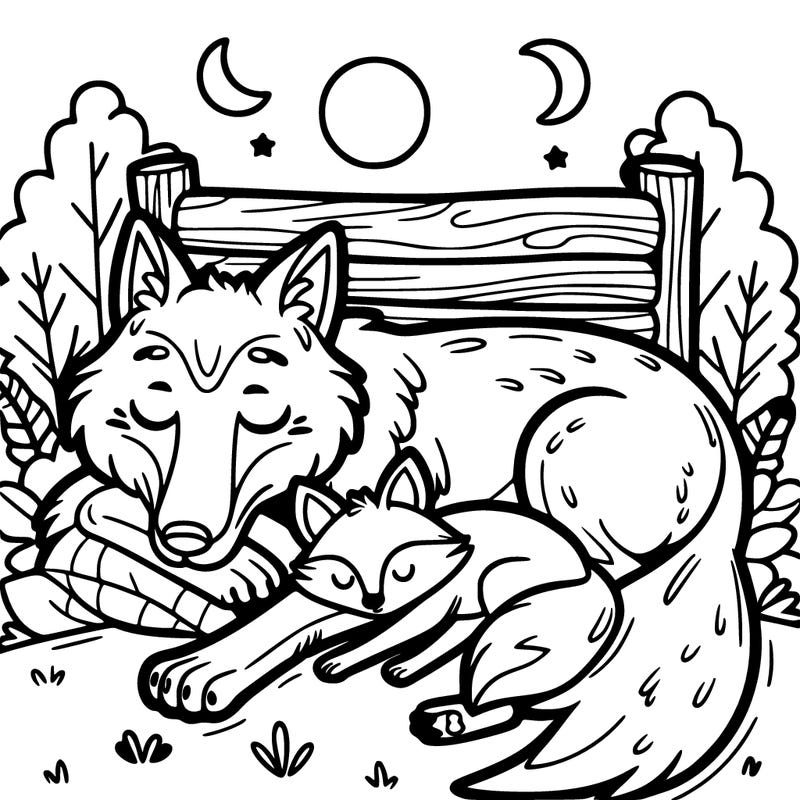 a wolf taking a nap with a fox