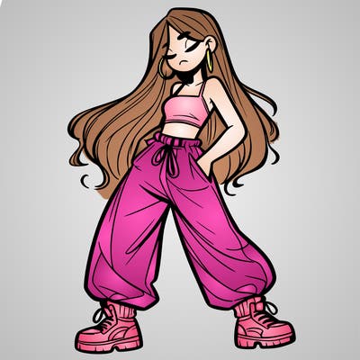 girl in baggy pants crop top and long hair
