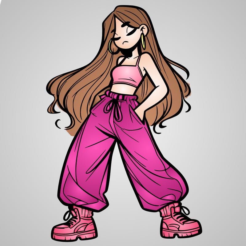 girl in baggy pants crop top and long hair
