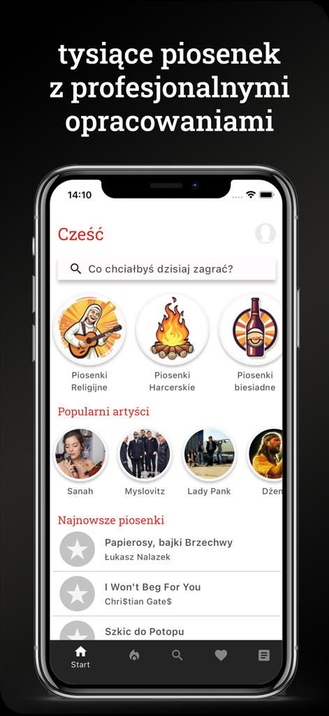 Songbook - Pantalla de inicio de la aplicación móvil Songbook con barra de búsqueda y categorías de canciones para guitarra y ukelele.