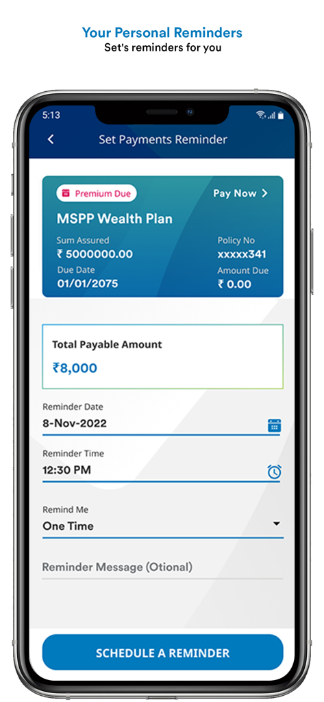 khUshi - A screenshot of the khUshi app by PNB MetLife showing the set payment reminder screen for an insurance policy.