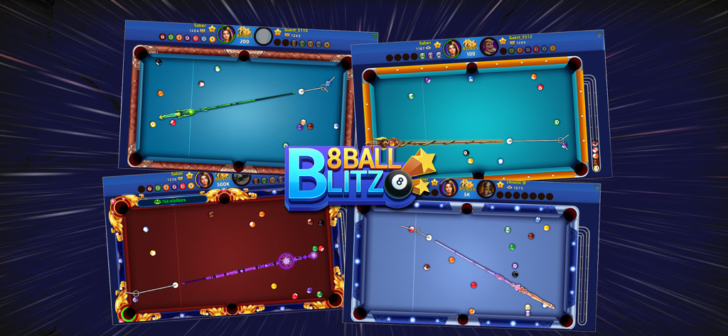 8 Ball Blitz - Billiards Games - A collage showing different 3D pool tables and decorative cues from the 8 Ball Blitz mobile game.
