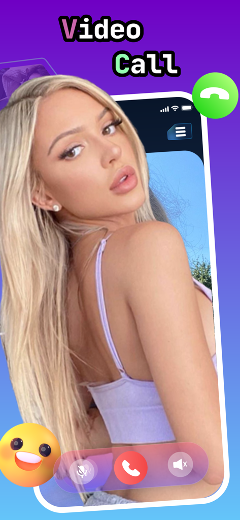 금발 여성의 특징인 Rovil 앱의 비공개 1:1 영상 통화 인터페이스