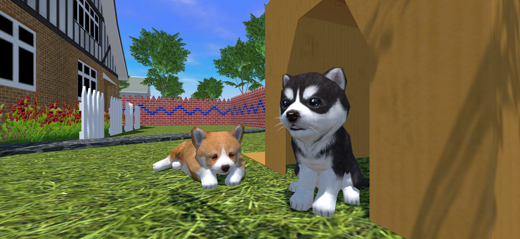 Cute Pocket Puppy 3D - Part 2 - Dos adorables cachorros 3D en un patio soleado junto a una caseta para perros.