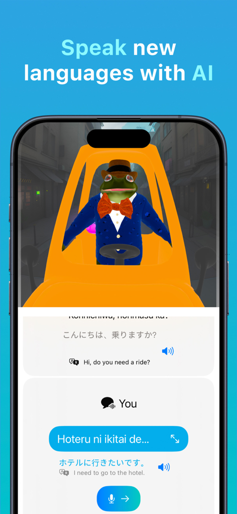 ARLingo: Language Immersion - ARLingo app interface showing an AI conversation in Japanese with an animated frog character