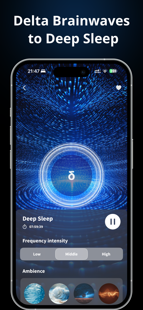 Binaural Beats Healing Sleep - Binaural Beats Healing Sleep app interface showing delta brainwaves for deep sleep with frequency and ambience settings.