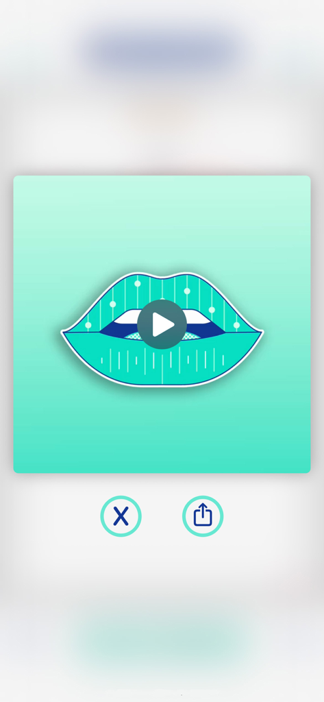 Voice-Over AI | Text To Speech - モバイルアプリのインターフェース。スタイライズされた口のグラフィックに再生ボタン、波形の詳細、共有アイコンが表示されています。