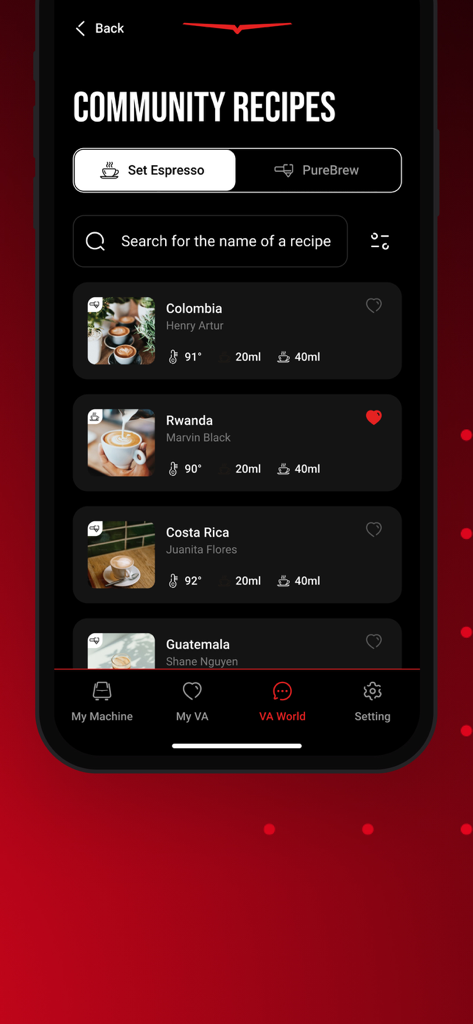 Victoria Arduino E1 Prima - 温度やドーズなどの抽出パラメータを表示するコミュニティエスプレッソレシピを表示するVictoria Arduinoアプリ画面。