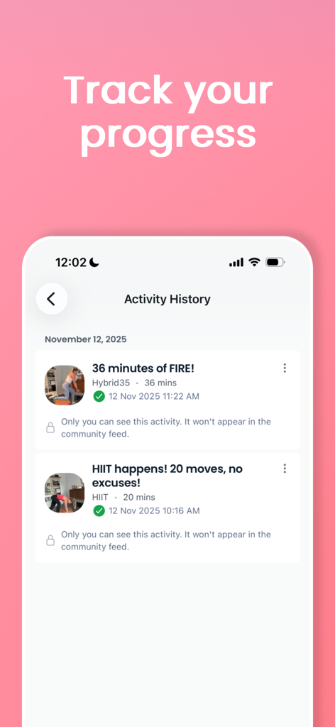 Move it Mama - A screenshot of the Move it Mama app activity history screen showing a list of completed workouts