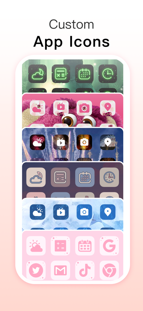 Themee - Widgets Icon Themes - Uma exibição de vários pacotes de ícones de apps personalizados estéticos incluindo estilos neon rosa e pastel