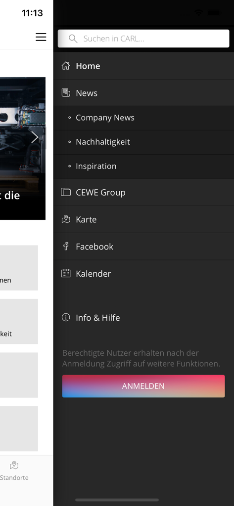 Menú de navegación lateral de la aplicación CARL que muestra categorías de noticias corporativas y un botón de inicio de sesión