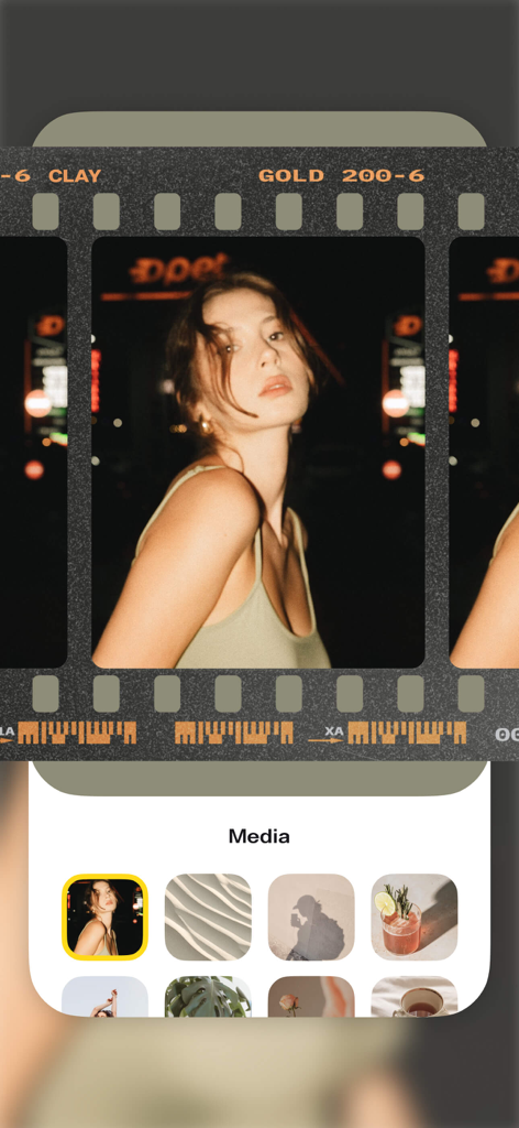 Eine Vintage-Filmstreifen-Story-Vorlage in der Clay-App mit Auswahl einer Mediengalerie