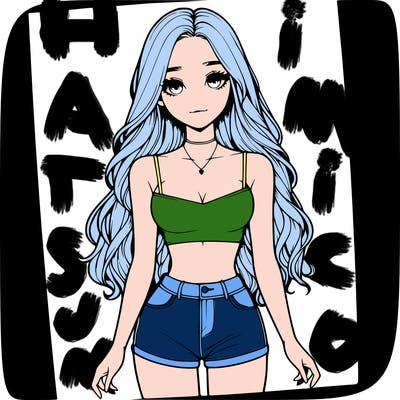 a realistic girl with long hair and in a crop top and shprts