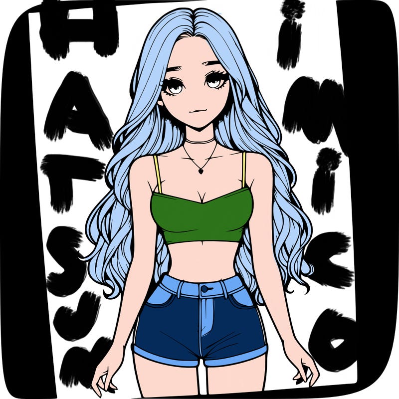 a realistic girl with long hair and in a crop top and shprts