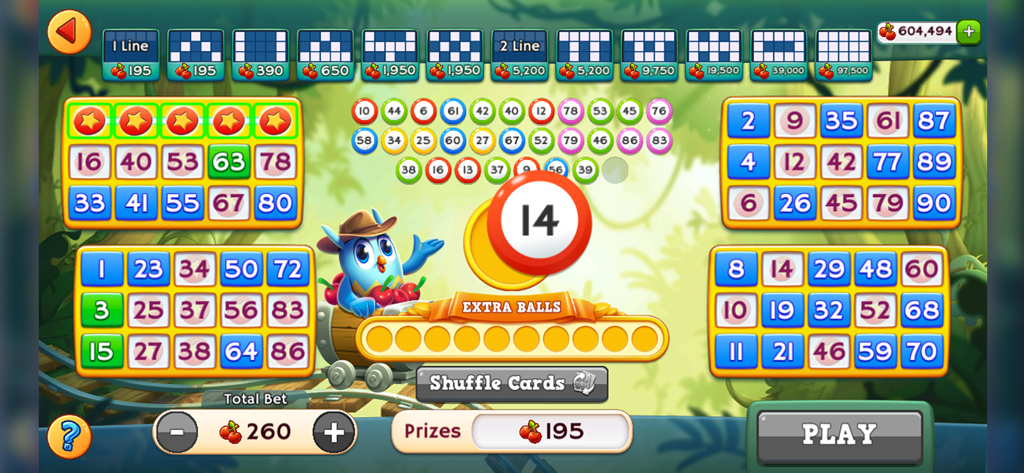 Gameplay screen of Bingo Pop showing four active bingo cards and a cartoon owl mascot in a jungle theme
