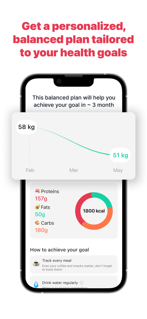 体重の進捗グラフとマクロの内訳が表示された、パーソナライズされた減量計画を表示するNutrilogy AIアプリ画面。