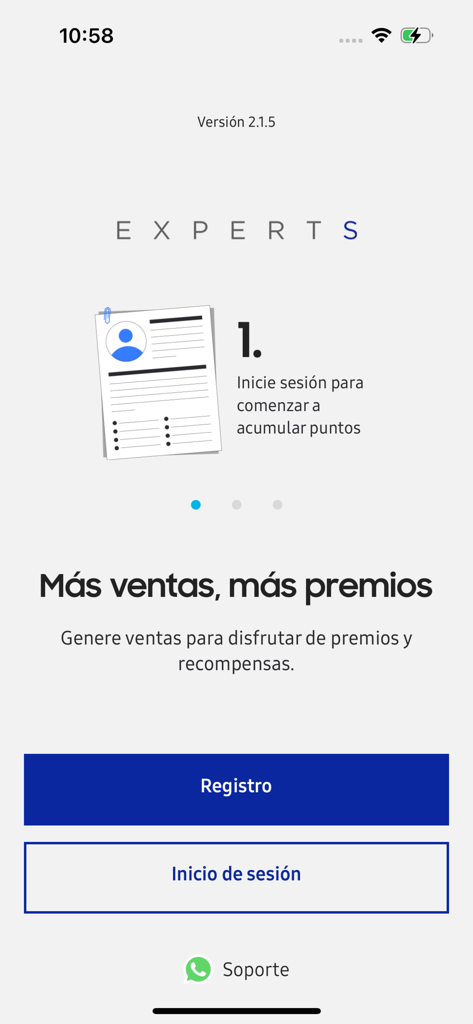 Experts APP - Experts app onboarding screen with login and registration buttons for sales rewards.