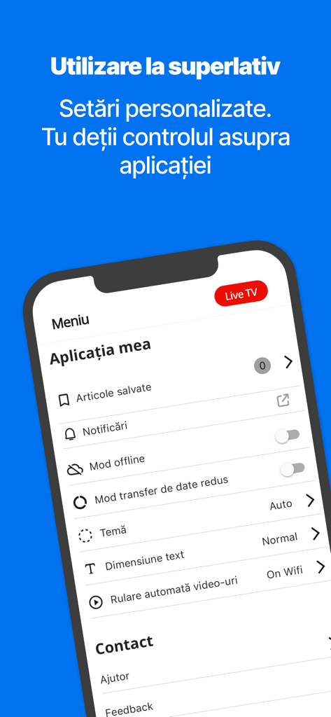 Euronews Romania app settings screen featuring offline mode and data saving options
