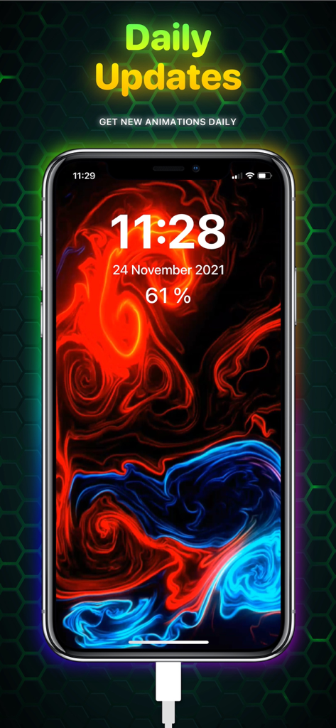 Ampere: Charging Animation App - Pantalla de iPhone mostrando una vibrante animación de carga fluida en rojo y azul con texto resaltando actualizaciones diarias.