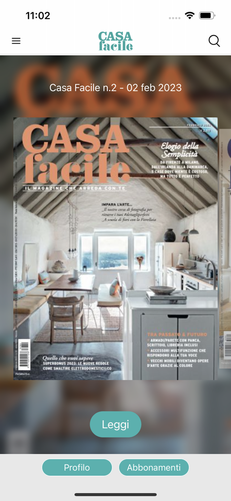 CasaFacile - Home screen of the CasaFacile app showing a digital magazine cover with a bright rustic interior design