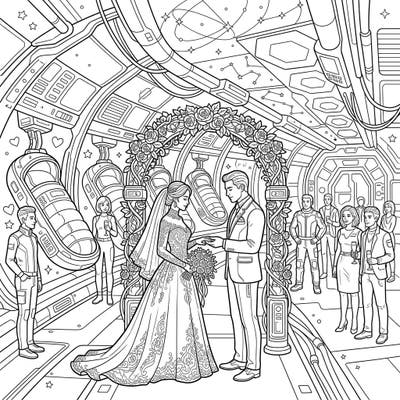 Embark on an extraordinary coloring journey with this unique scene depicting a wedding celebration within a futuristic cryosleep colony. This intricate design blends sci-fi wonder with timeless romance, offering a truly original coloring experience.